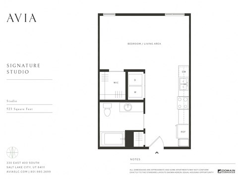 Floor plan for studio, 1 bath, 523 sqft